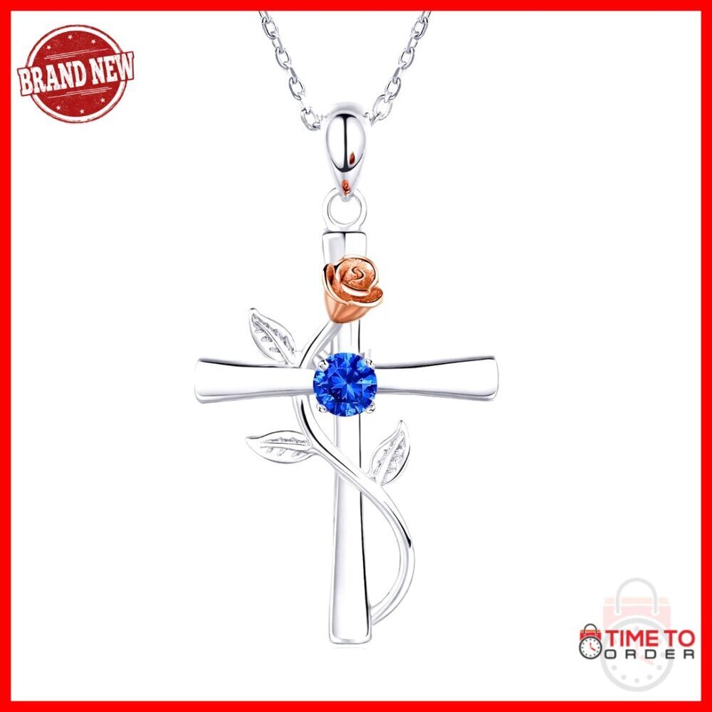 925 Sterling Silver Cross Pendant Necklace with Birthstone Lobster Clasp